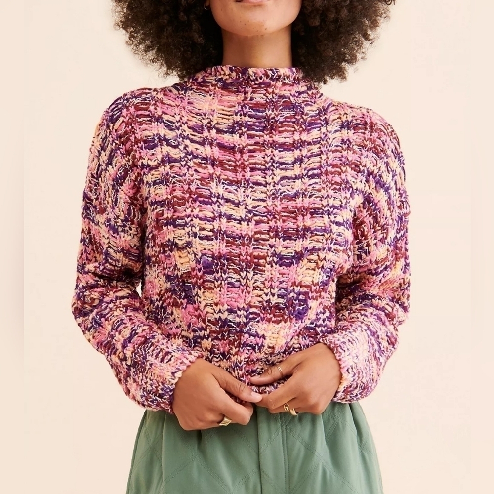 Sage The Label Tutti Frutti Turtleneck Loose Knit Sweater SMALL Purple Motif